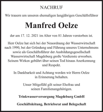 Traueranzeige von Manfred Oelze  von Magdeburger Volksstimme