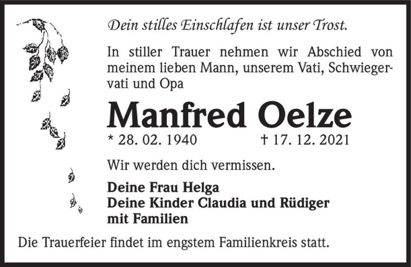  Traueranzeige für Manfred Oelze  vom 08.01.2022 aus Magdeburger Volksstimme