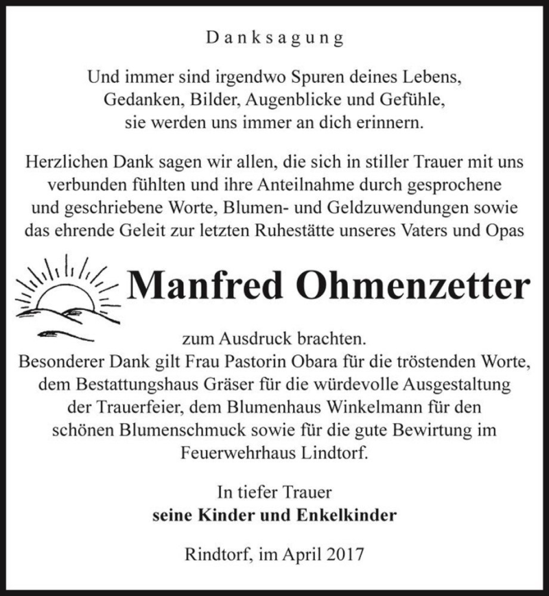  Traueranzeige für Manfred Ohmenzetter  vom 08.04.2017 aus Magdeburger Volksstimme