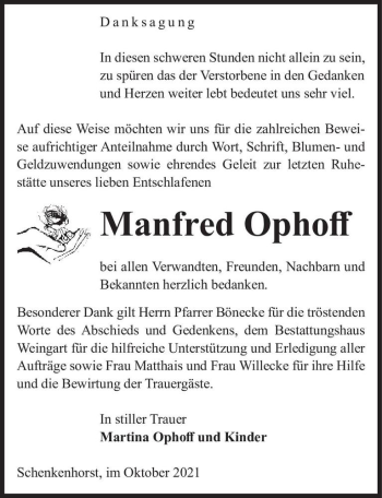 Traueranzeige von Manfred Ophoff  von Magdeburger Volksstimme