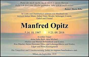 Traueranzeige von Manfred Opitz  von Magdeburger Volksstimme