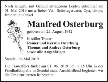 Traueranzeige von Manfred Osterburg  von Magdeburger Volksstimme