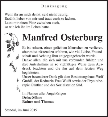 Traueranzeige von Manfred Osterburg  von Magdeburger Volksstimme
