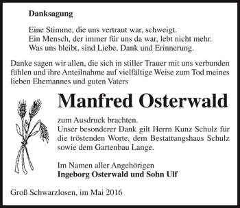 Traueranzeige von Manfred Osterwald  von Magdeburger Volksstimme