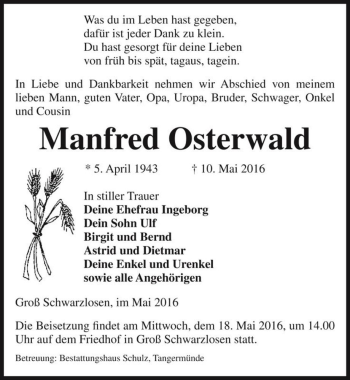 Traueranzeige von Manfred Osterwald  von Magdeburger Volksstimme
