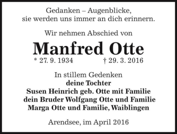 Traueranzeige von Manfred Otte  von Magdeburger Volksstimme
