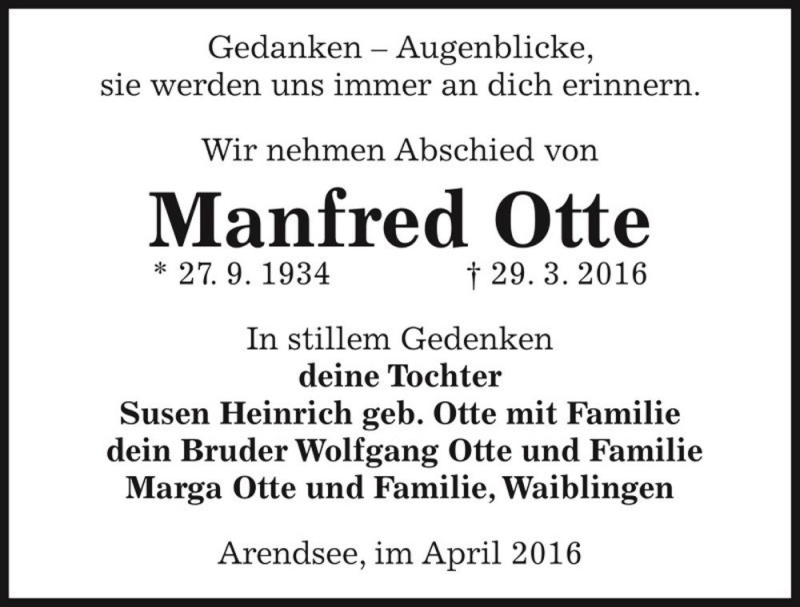  Traueranzeige für Manfred Otte  vom 05.04.2016 aus Magdeburger Volksstimme
