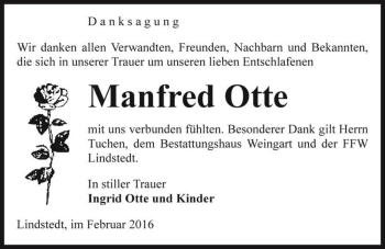 Traueranzeige von Manfred Otte  von Magdeburger Volksstimme