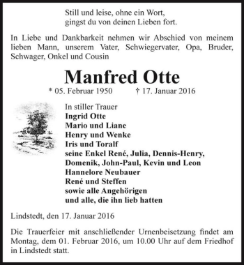 Traueranzeige von Manfred Otte  von Magdeburger Volksstimme