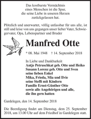 Traueranzeige von Manfred Otte  von Magdeburger Volksstimme