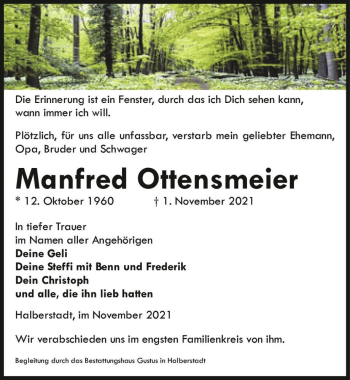 Traueranzeige von Manfred Ottensmeier  von Magdeburger Volksstimme