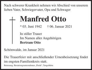 Traueranzeige von Manfred Otto  von Magdeburger Volksstimme