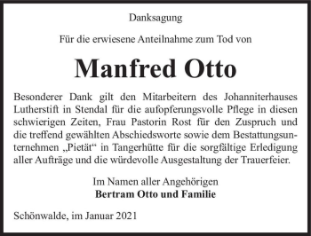 Traueranzeige von Manfred Otto  von Magdeburger Volksstimme