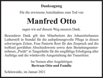Traueranzeige von Manfred Otto  von Magdeburger Volksstimme