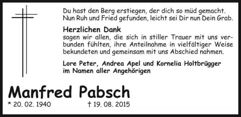  Traueranzeige für Manfred Pabsch  vom 19.09.2015 aus Magdeburger Volksstimme
