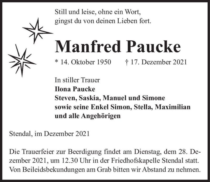  Traueranzeige für Manfred Paucke  vom 24.12.2021 aus Magdeburger Volksstimme