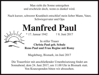 Traueranzeige von Manfred Paul  von Magdeburger Volksstimme