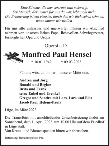 Traueranzeige von Manfred Paul Hensel  von Magdeburger Volksstimme
