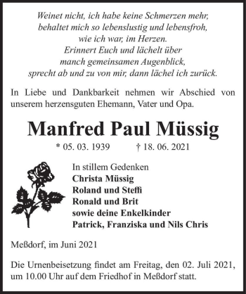 Traueranzeige von Manfred Paul Müssig  von Magdeburger Volksstimme