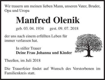 Traueranzeige von Manfred Paul Olenik  von Magdeburger Volksstimme