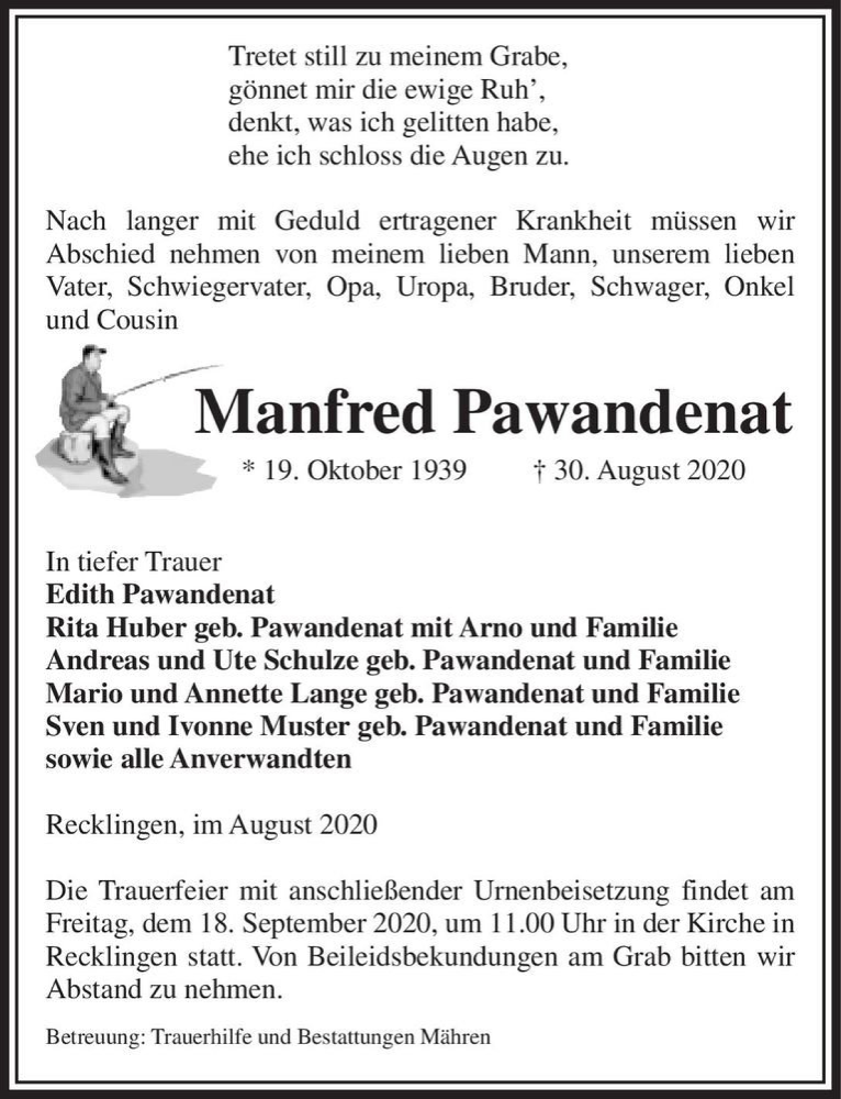  Traueranzeige für Manfred Pawandenat  vom 03.09.2020 aus Magdeburger Volksstimme