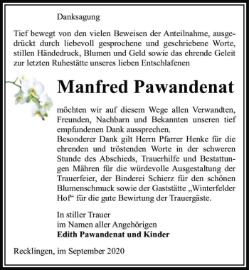 Traueranzeige von Manfred Pawandenat  von Magdeburger Volksstimme
