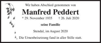 Traueranzeige von Manfred Peddert  von Magdeburger Volksstimme