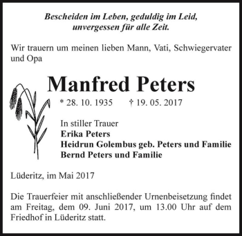 Traueranzeige von Manfred Peters  von Magdeburger Volksstimme