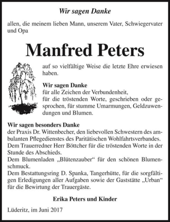 Traueranzeige von Manfred Peters  von Magdeburger Volksstimme