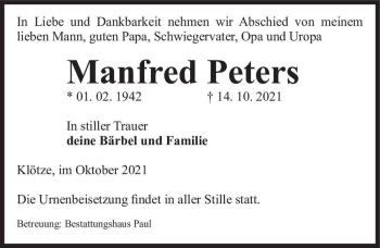 Traueranzeige von Manfred Peters  von Magdeburger Volksstimme
