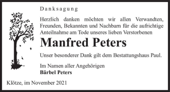 Traueranzeige von Manfred Peters  von Magdeburger Volksstimme