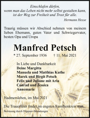 Traueranzeige von Manfred Petsch  von Magdeburger Volksstimme