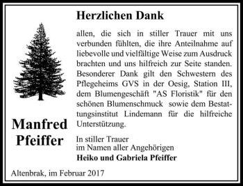 Traueranzeige von Manfred Pfeiffer  von Magdeburger Volksstimme