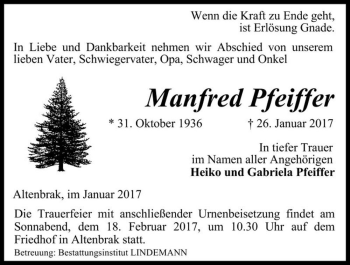 Traueranzeige von Manfred Pfeiffer  von Magdeburger Volksstimme