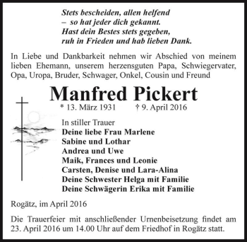 Traueranzeige von Manfred Pickert  von Magdeburger Volksstimme