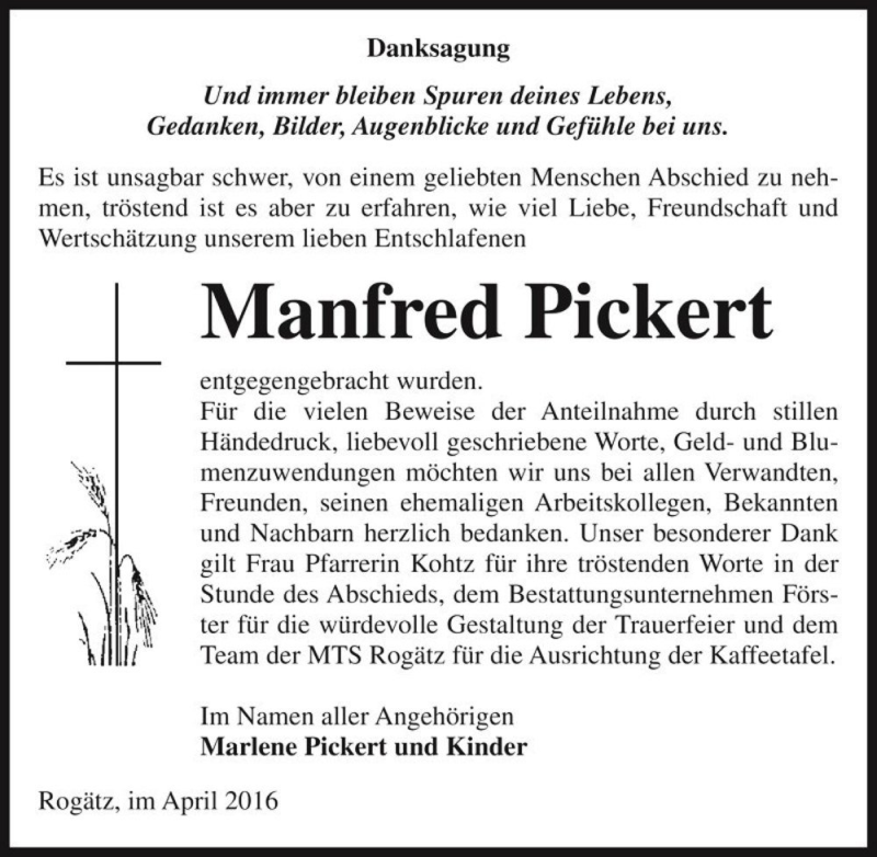  Traueranzeige für Manfred Pickert  vom 30.04.2016 aus Magdeburger Volksstimme