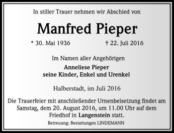 Traueranzeige von Manfred Pieper  von Magdeburger Volksstimme