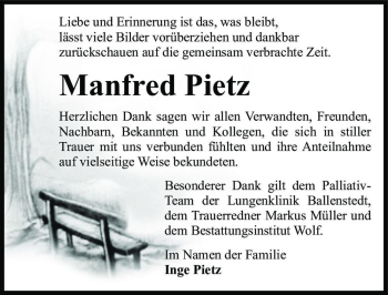Traueranzeige von Manfred Pietz  von Magdeburger Volksstimme