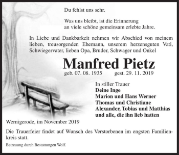 Traueranzeige von Manfred Pietz  von Magdeburger Volksstimme