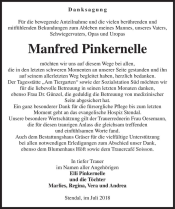 Traueranzeige von Manfred Pinkernelle  von Magdeburger Volksstimme