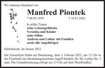 Traueranzeige von Manfred Piontek  von Magdeburger Volksstimme