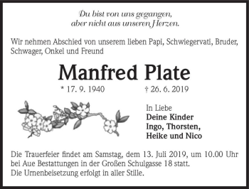 Traueranzeige von Manfred Plate  von Magdeburger Volksstimme