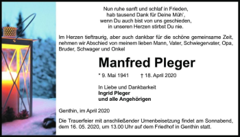 Traueranzeige von Manfred Pleger  von Magdeburger Volksstimme