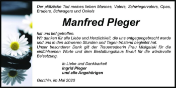 Traueranzeige von Manfred Pleger  von Magdeburger Volksstimme