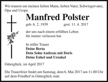 Traueranzeige von Manfred Polster  von Magdeburger Volksstimme