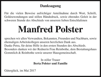 Traueranzeige von Manfred Polster  von Magdeburger Volksstimme