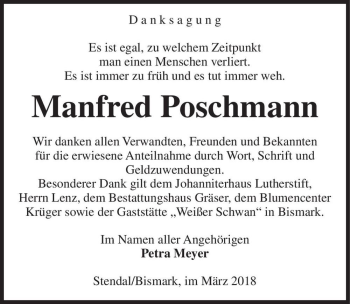 Traueranzeige von Manfred Poschmann  von Magdeburger Volksstimme