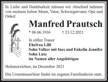 Traueranzeige von Manfred Prautsch  von Magdeburger Volksstimme