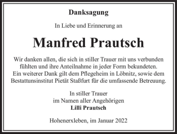 Traueranzeige von Manfred Prautsch  von Magdeburger Volksstimme
