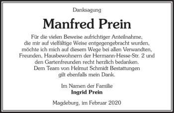 Traueranzeige von Manfred Prein  von Magdeburger Volksstimme